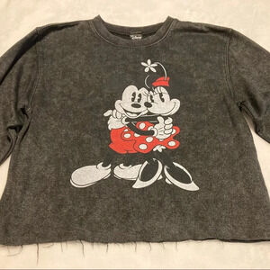 Disney Mickey and Minnie Mouse Sweatshirt Cropped Distressed Raw Hem L